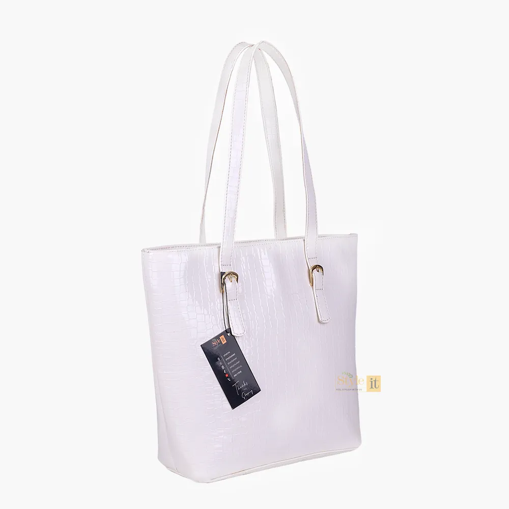 Roomy White Crocodile Leather Tote Bag