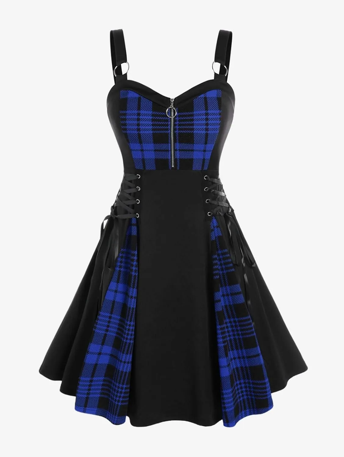 Rosegal Gothic Lace Up Plaid Half Zipper Fit and Flare Gothic Dress