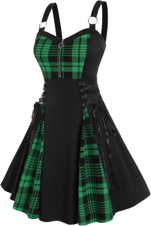 Rosegal Gothic Lace Up Plaid Half Zipper Fit and Flare Gothic Dress