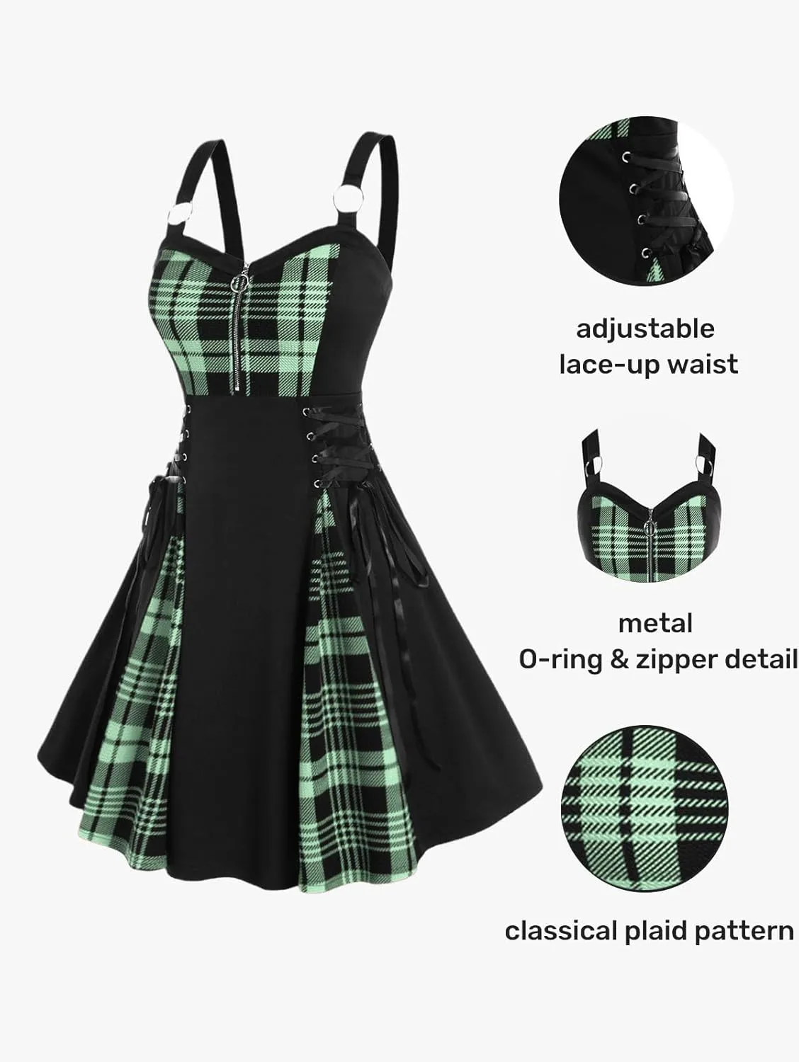 Rosegal Gothic Lace Up Plaid Half Zipper Fit and Flare Gothic Dress
