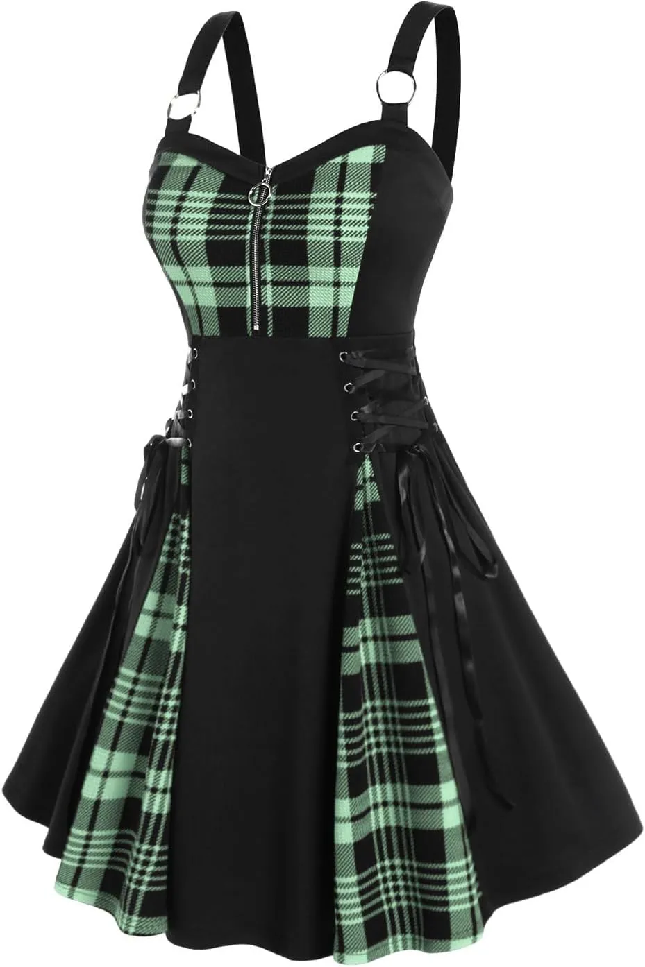 Rosegal Gothic Lace Up Plaid Half Zipper Fit and Flare Gothic Dress