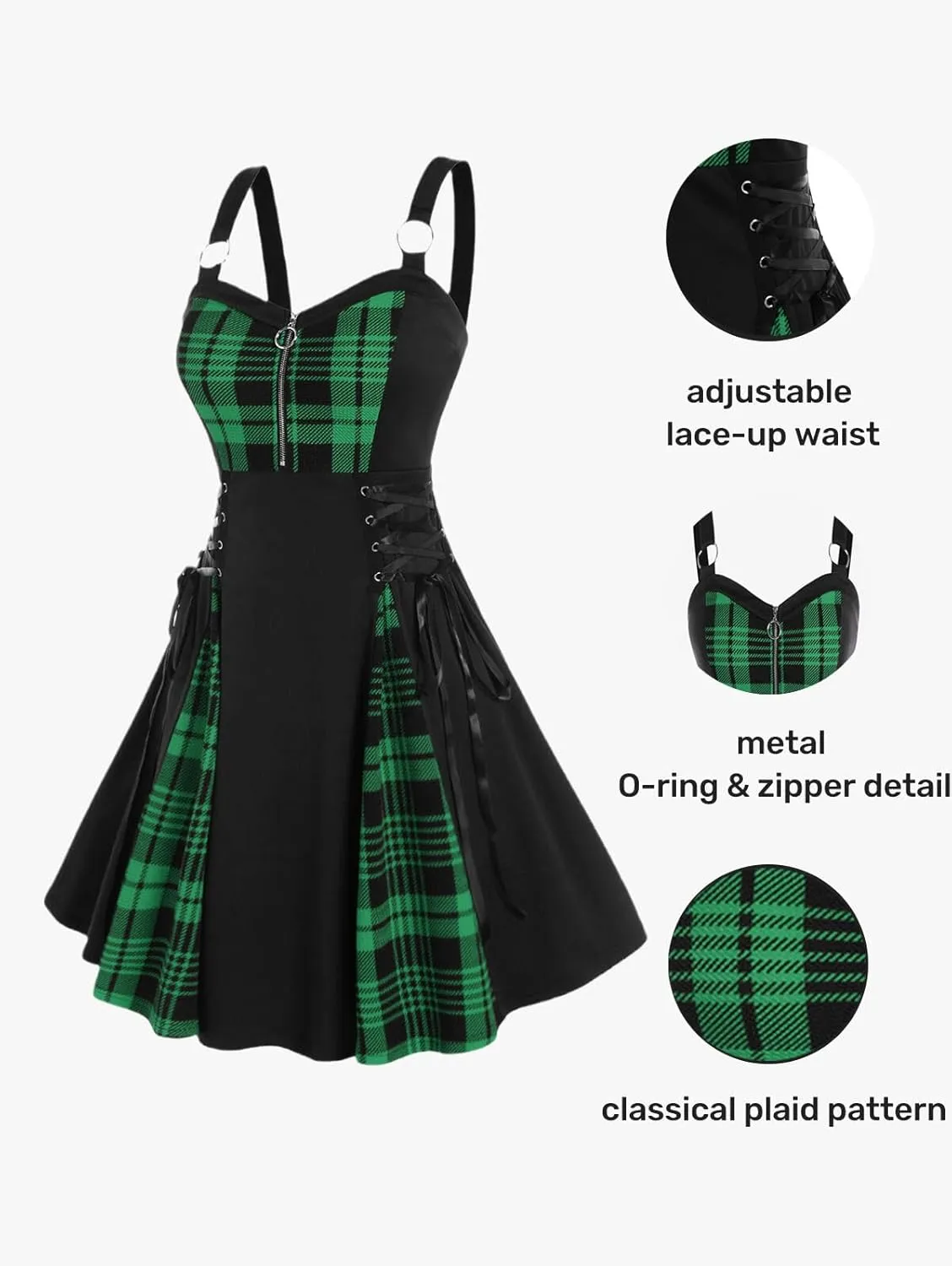 Rosegal Gothic Lace Up Plaid Half Zipper Fit and Flare Gothic Dress