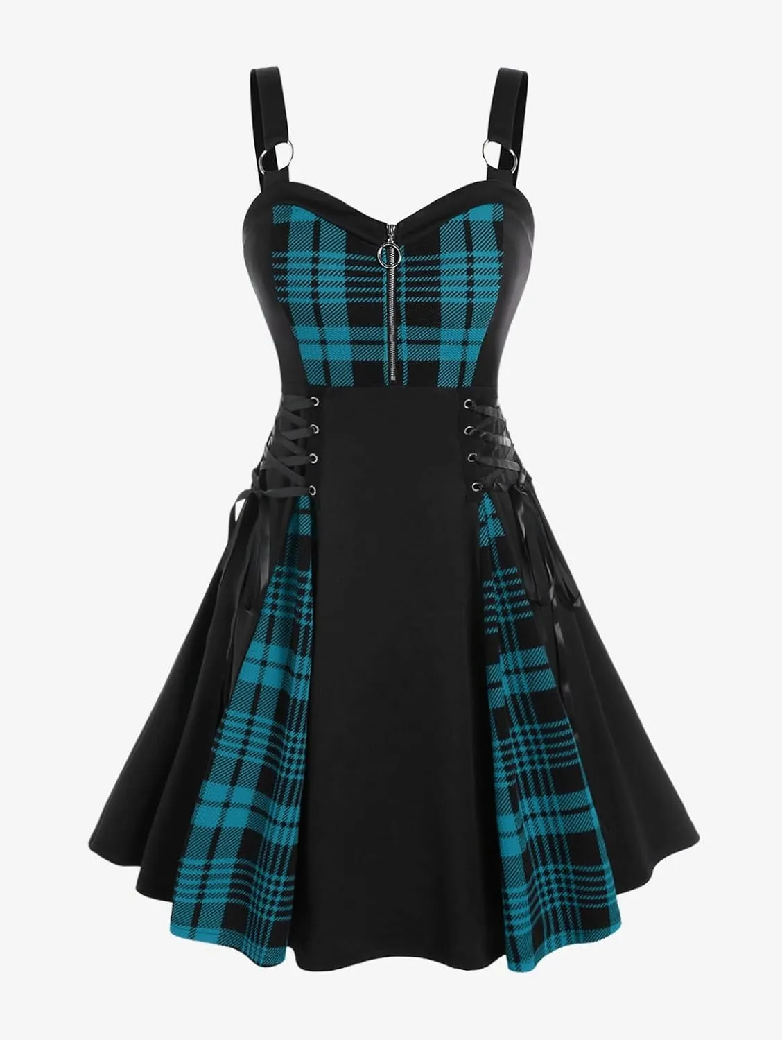 Rosegal Gothic Lace Up Plaid Half Zipper Fit and Flare Gothic Dress