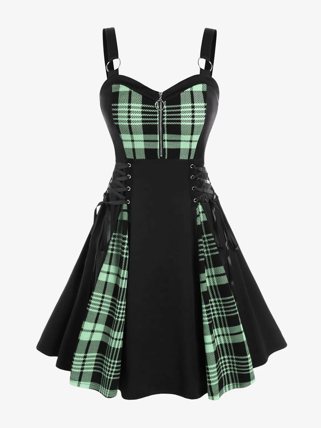 Rosegal Gothic Lace Up Plaid Half Zipper Fit and Flare Gothic Dress