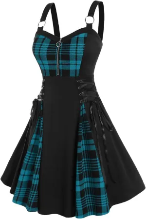 Rosegal Gothic Lace Up Plaid Half Zipper Fit and Flare Gothic Dress