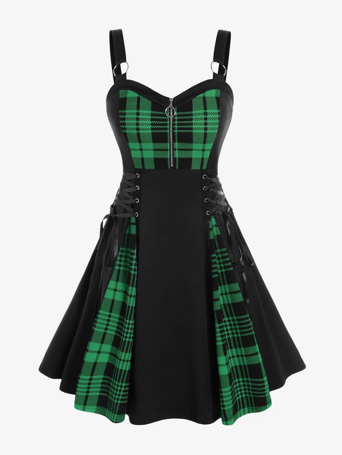 Rosegal Gothic Lace Up Plaid Half Zipper Fit and Flare Gothic Dress
