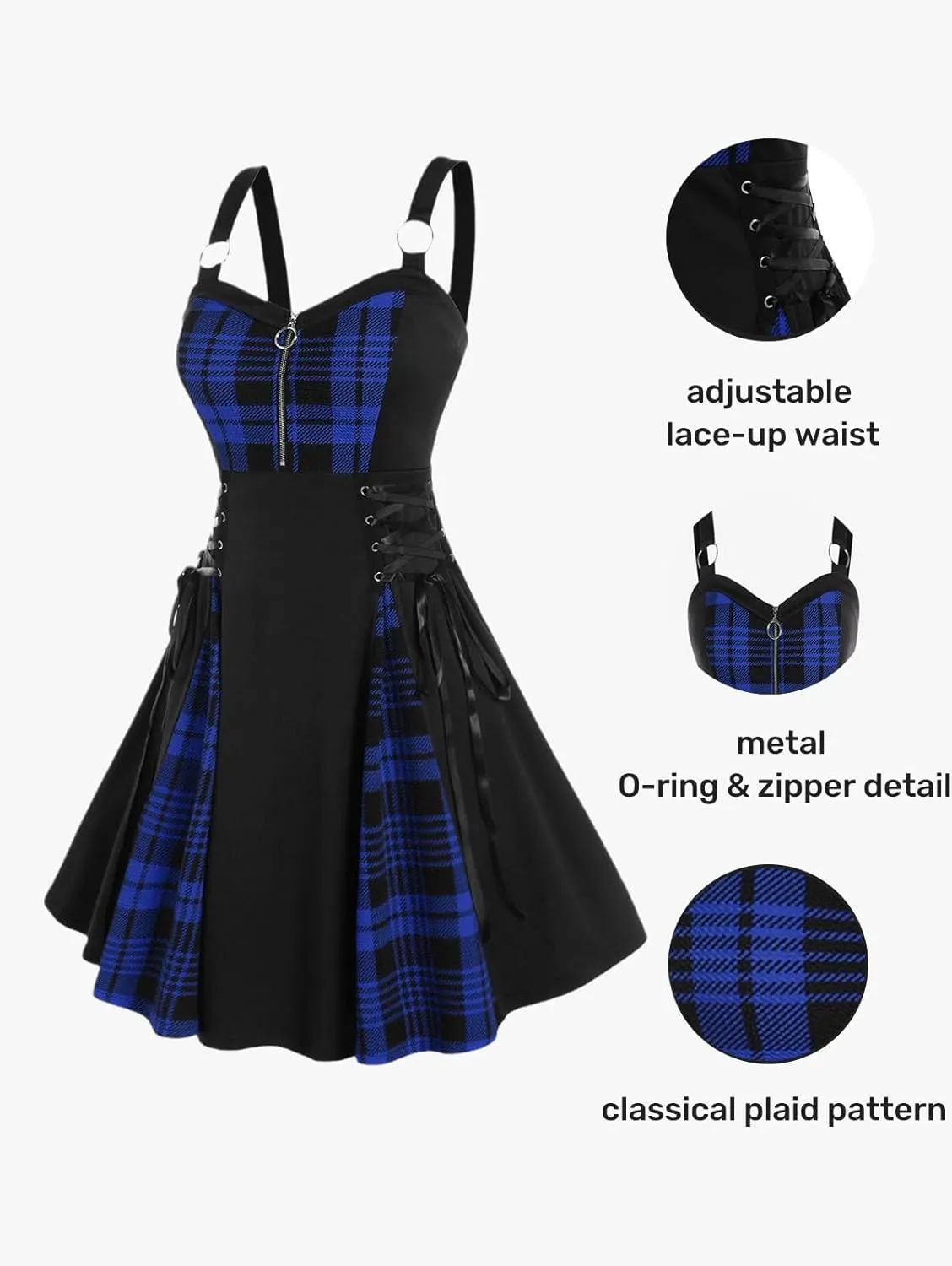 Rosegal Gothic Lace Up Plaid Half Zipper Fit and Flare Gothic Dress