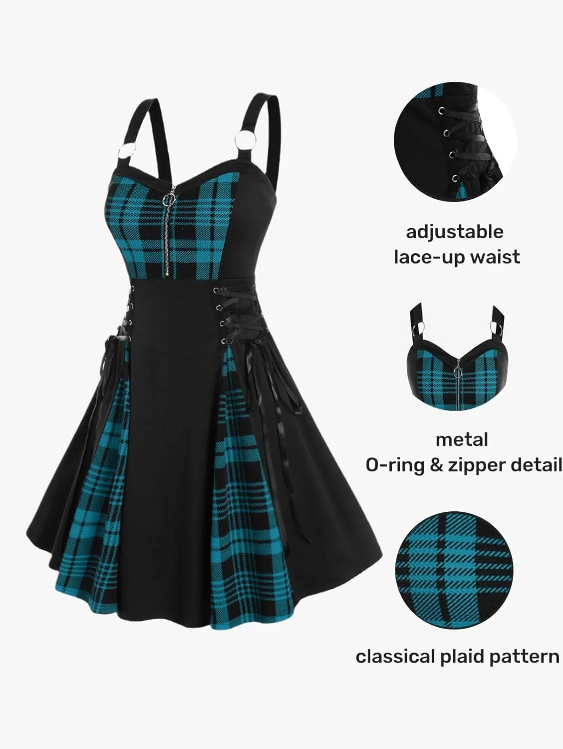 Rosegal Gothic Lace Up Plaid Half Zipper Fit and Flare Gothic Dress