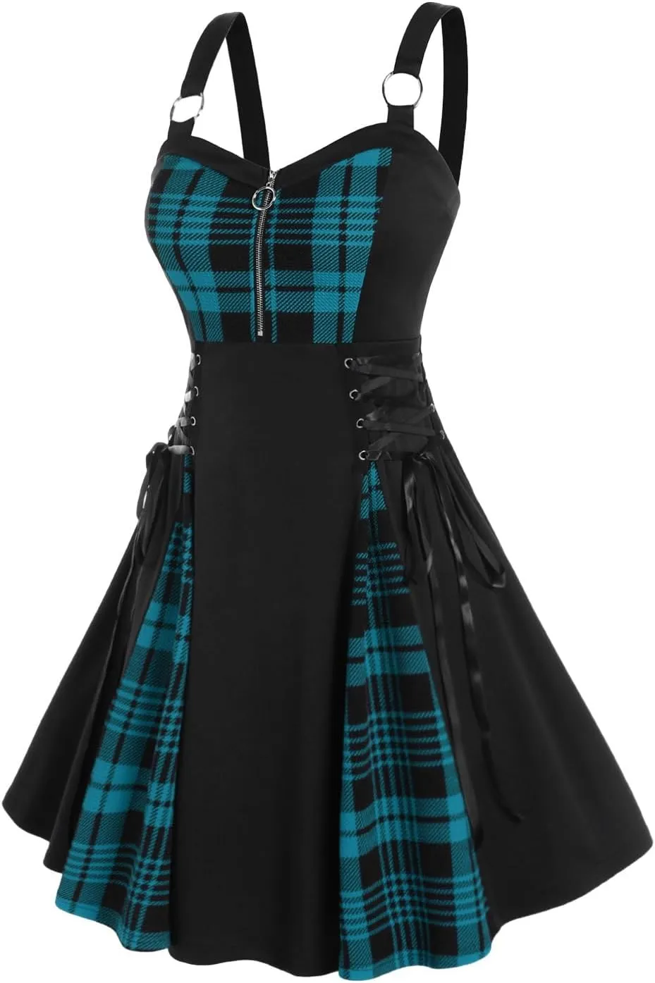 Rosegal Gothic Lace Up Plaid Half Zipper Fit and Flare Gothic Dress