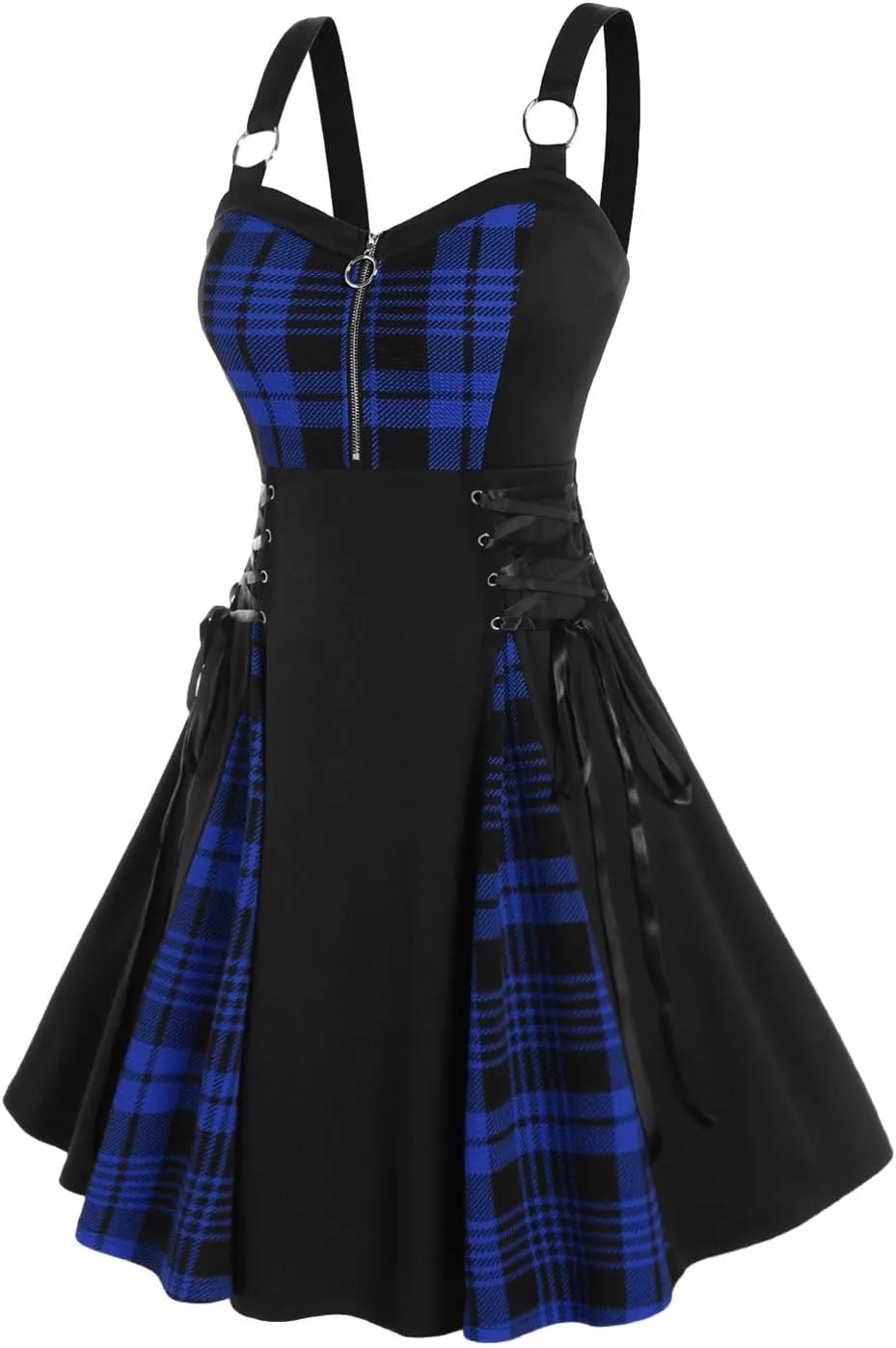 Rosegal Gothic Lace Up Plaid Half Zipper Fit and Flare Gothic Dress