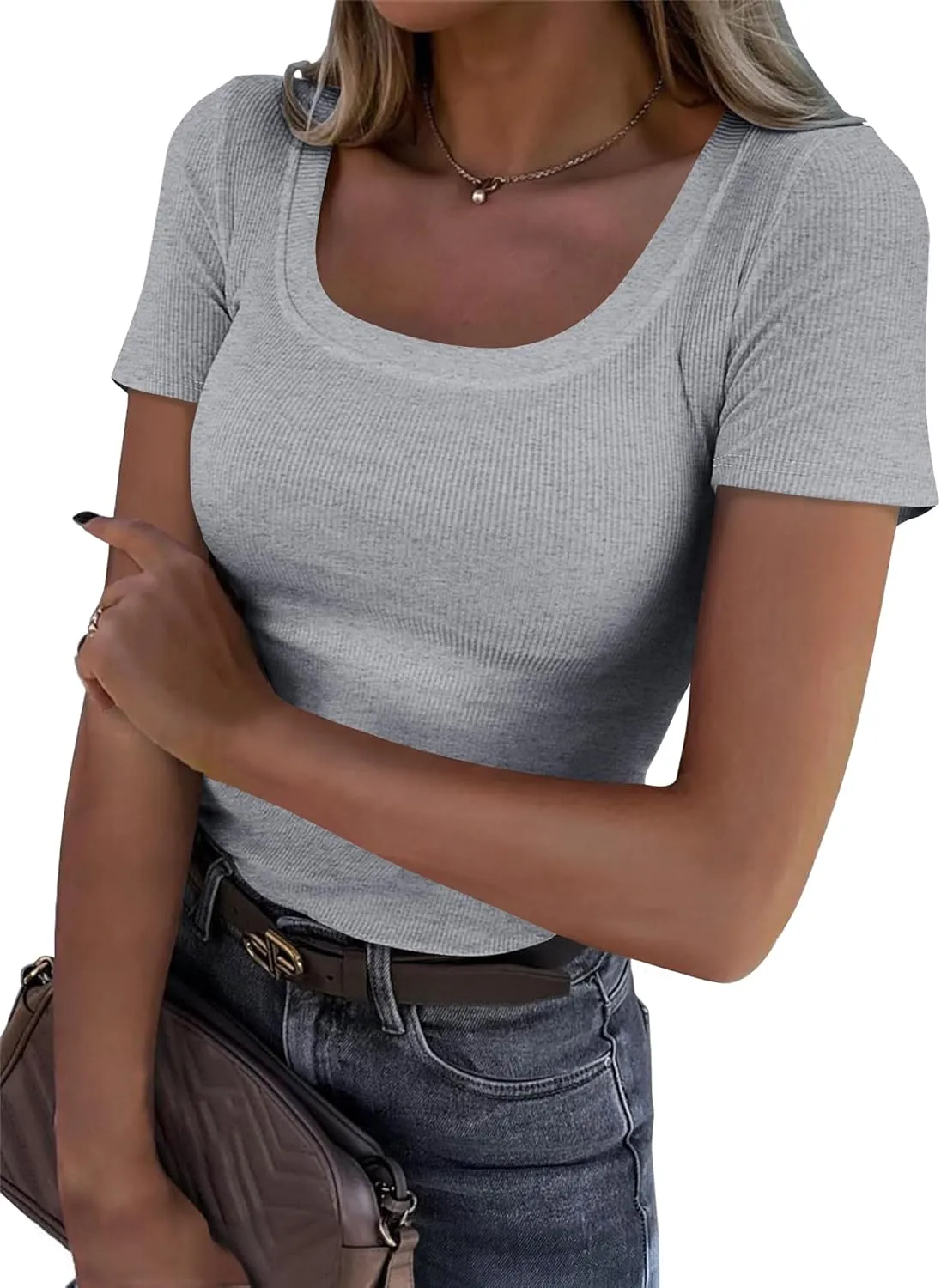 Roselux Women's Summer Scoop Neck Short Sleeve T-Shirts Ribbed Knit Slim Fitted Casual Basic Top