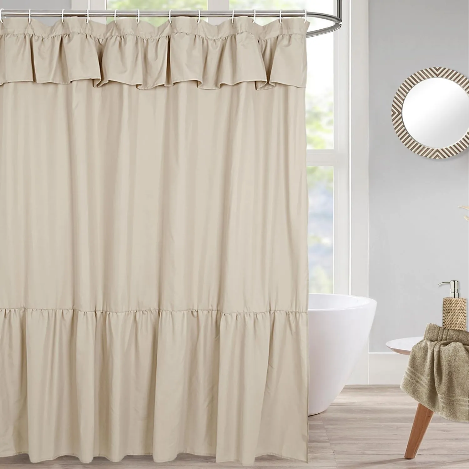 Ruffled Farmhouse Shower Curtain,Camel Fabric,Country and Chic Style,72x72 in