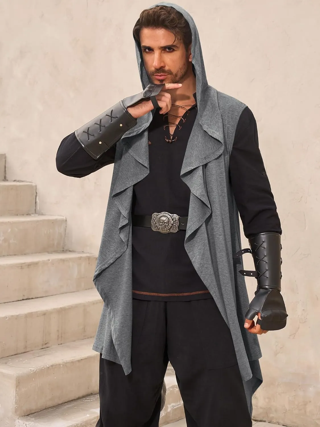 Runcati Mens Hooded Cardigan Sleeveless Ruffle Shawl Collar Open Front Knit Drape Robe