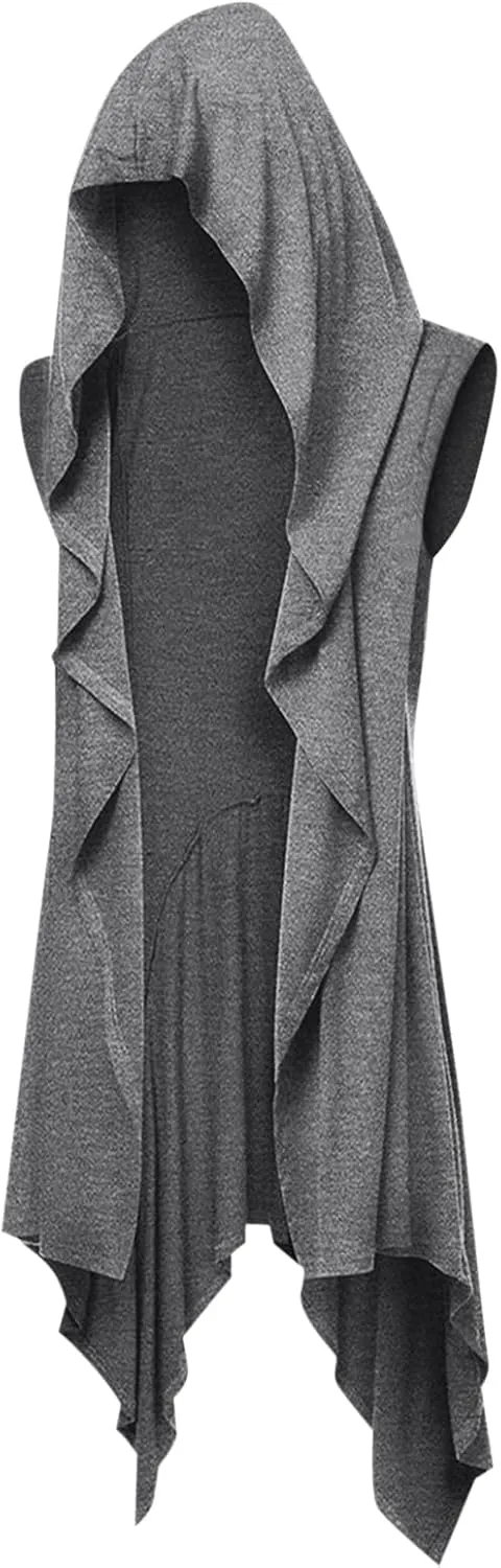 Runcati Mens Hooded Cardigan Sleeveless Ruffle Shawl Collar Open Front Knit Drape Robe