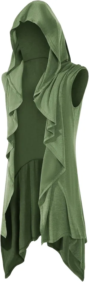 Runcati Mens Hooded Cardigan Sleeveless Ruffle Shawl Collar Open Front Knit Drape Robe