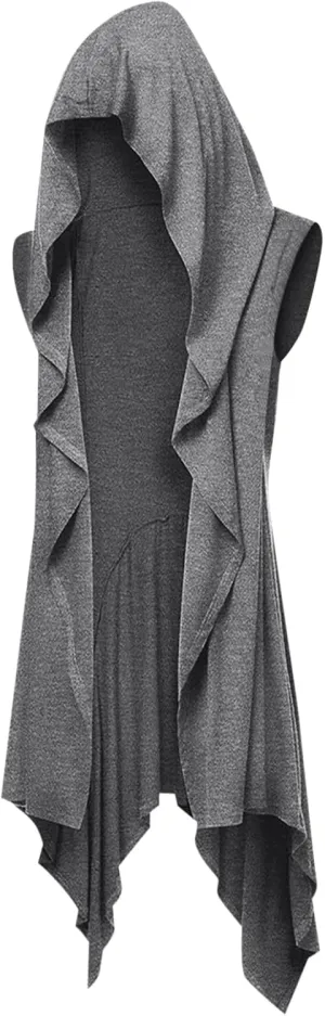 Runcati Mens Hooded Cardigan Sleeveless Ruffle Shawl Collar Open Front Knit Drape Robe
