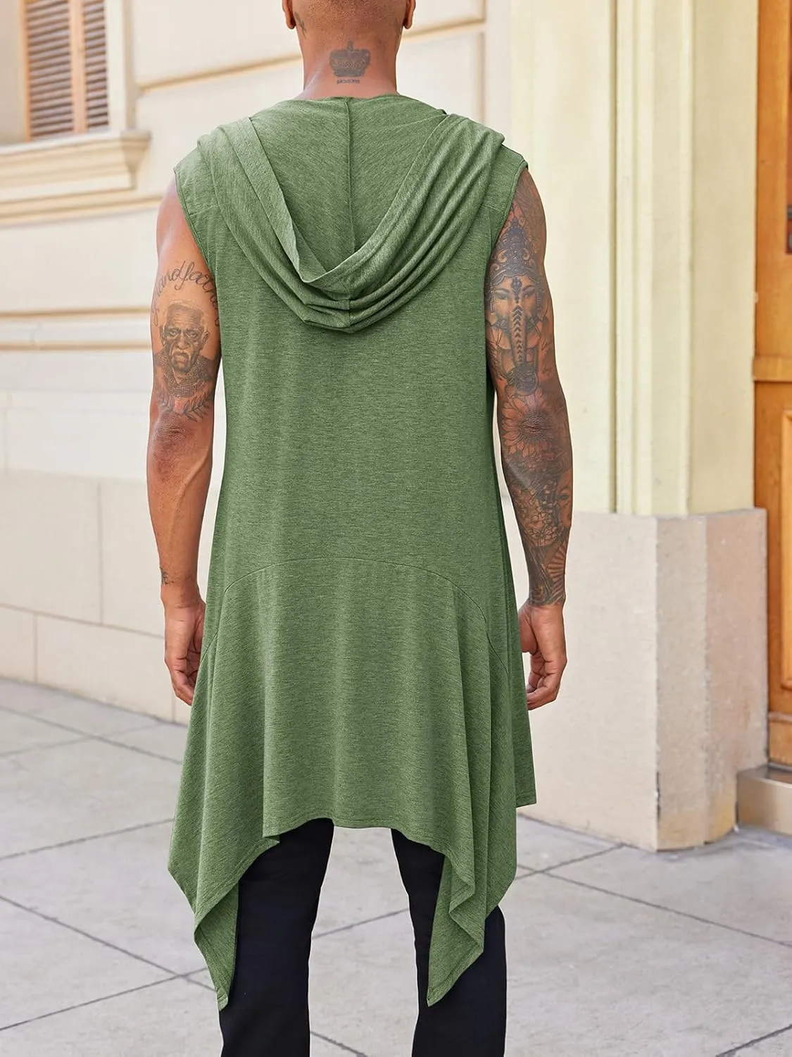 Runcati Mens Hooded Cardigan Sleeveless Ruffle Shawl Collar Open Front Knit Drape Robe