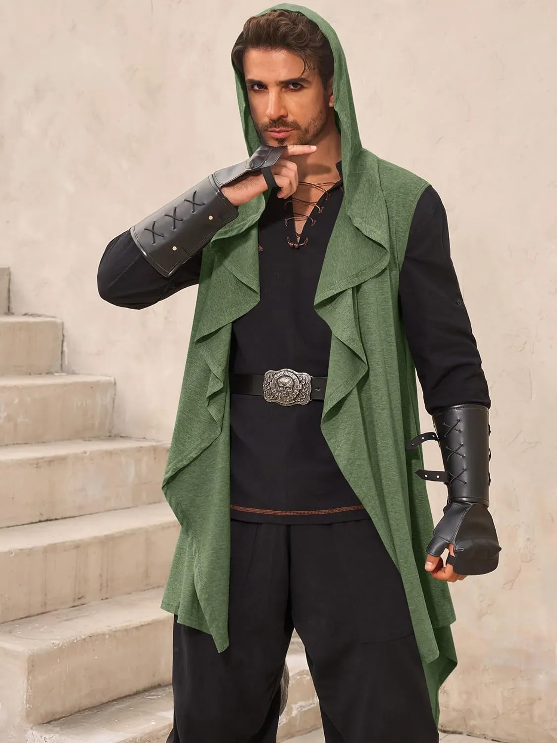 Runcati Mens Hooded Cardigan Sleeveless Ruffle Shawl Collar Open Front Knit Drape Robe