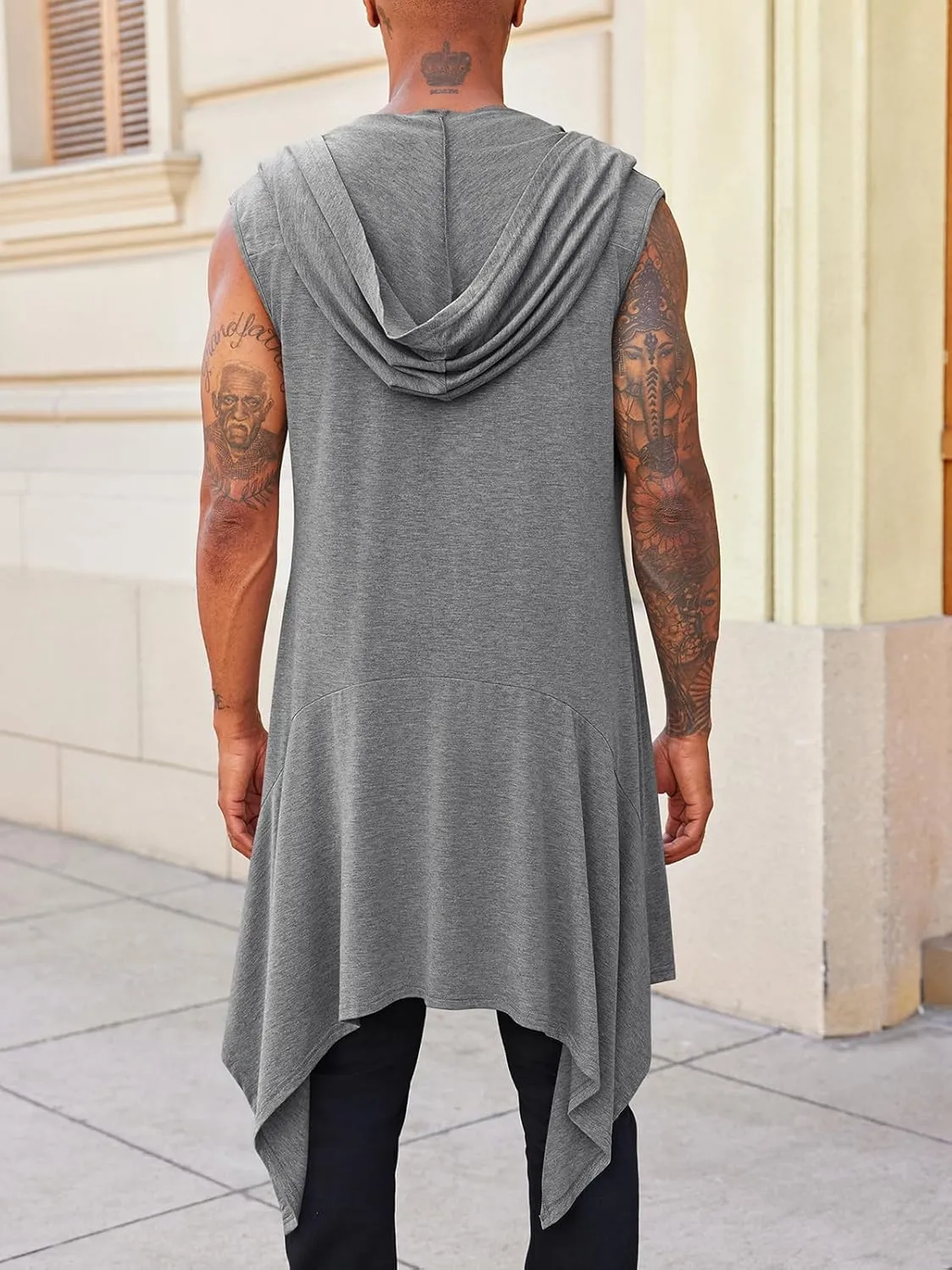 Runcati Mens Hooded Cardigan Sleeveless Ruffle Shawl Collar Open Front Knit Drape Robe