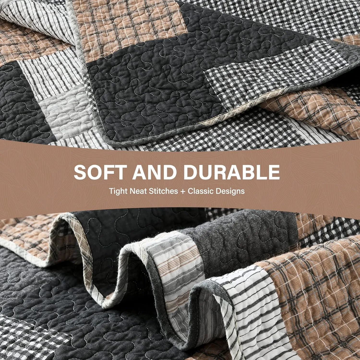 SahSahCasa Quilt King Size, King Quilt Set, 100% Cotton King Quilt Bedding Set Bedspread, Farmhouse Patchwork Quilt, Plaid Reversible Lightweight Rustic Comforter, Grey Black Brown White, 3 Pieces