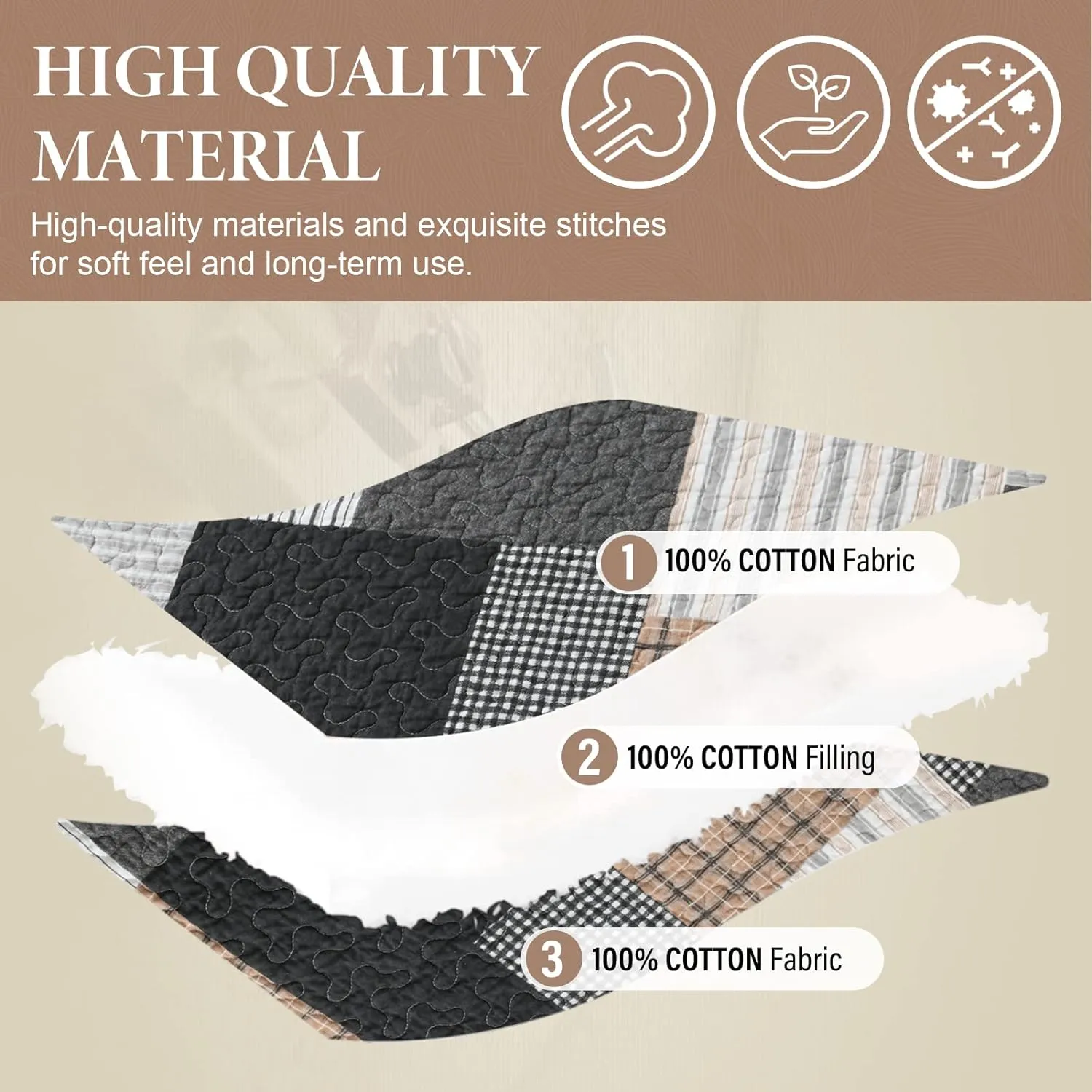 SahSahCasa Quilt King Size, King Quilt Set, 100% Cotton King Quilt Bedding Set Bedspread, Farmhouse Patchwork Quilt, Plaid Reversible Lightweight Rustic Comforter, Grey Black Brown White, 3 Pieces