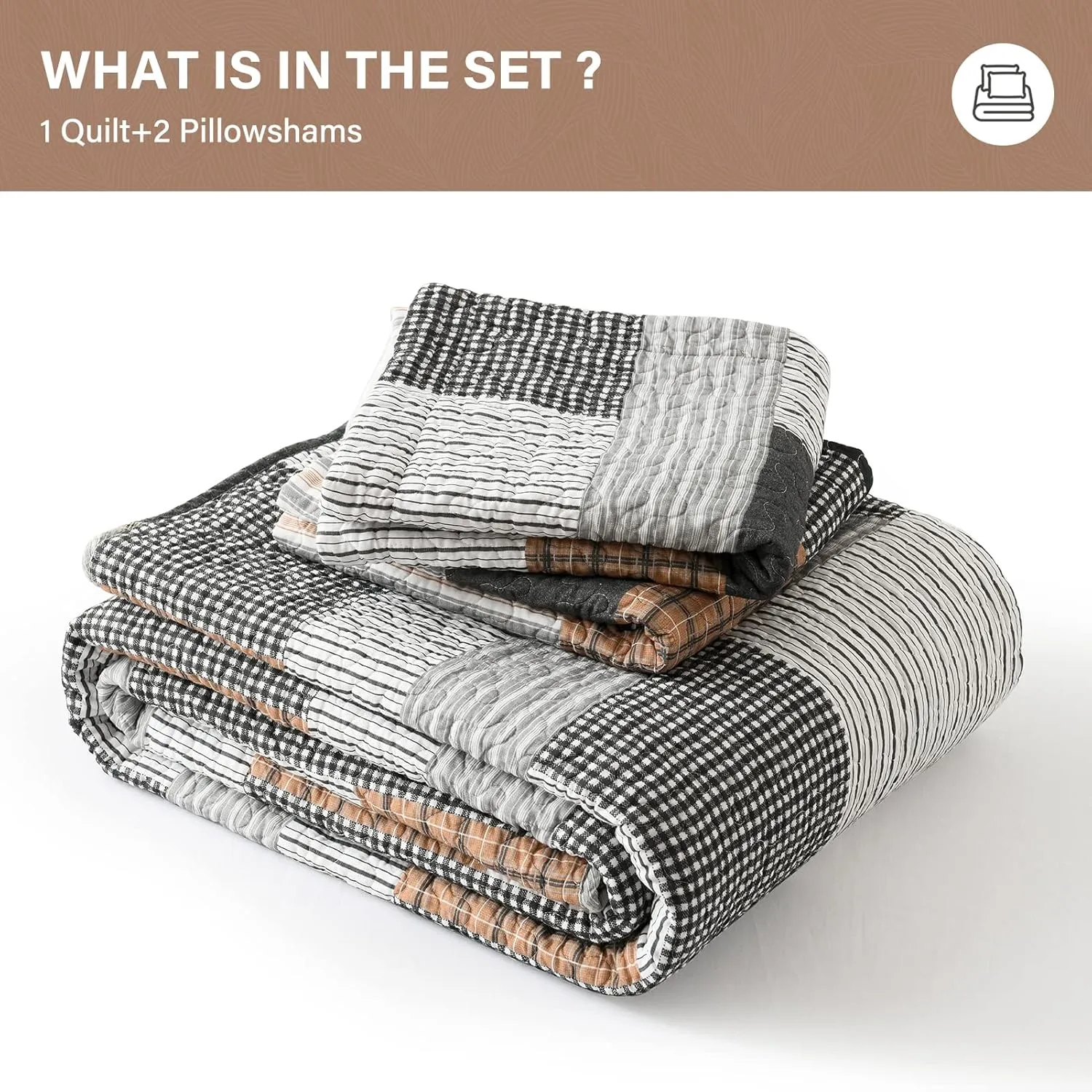 SahSahCasa Quilt King Size, King Quilt Set, 100% Cotton King Quilt Bedding Set Bedspread, Farmhouse Patchwork Quilt, Plaid Reversible Lightweight Rustic Comforter, Grey Black Brown White, 3 Pieces
