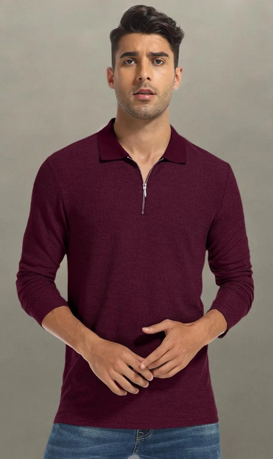 Sailwind Men's Waffle Knit Long Sleeve Casual Quarter Zip Polo Shirts