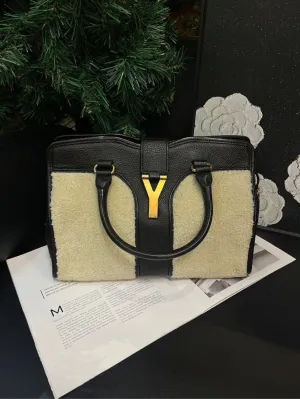 Saint Laurent Lamb Wool Leather Patchwork Tote Handbag Black White