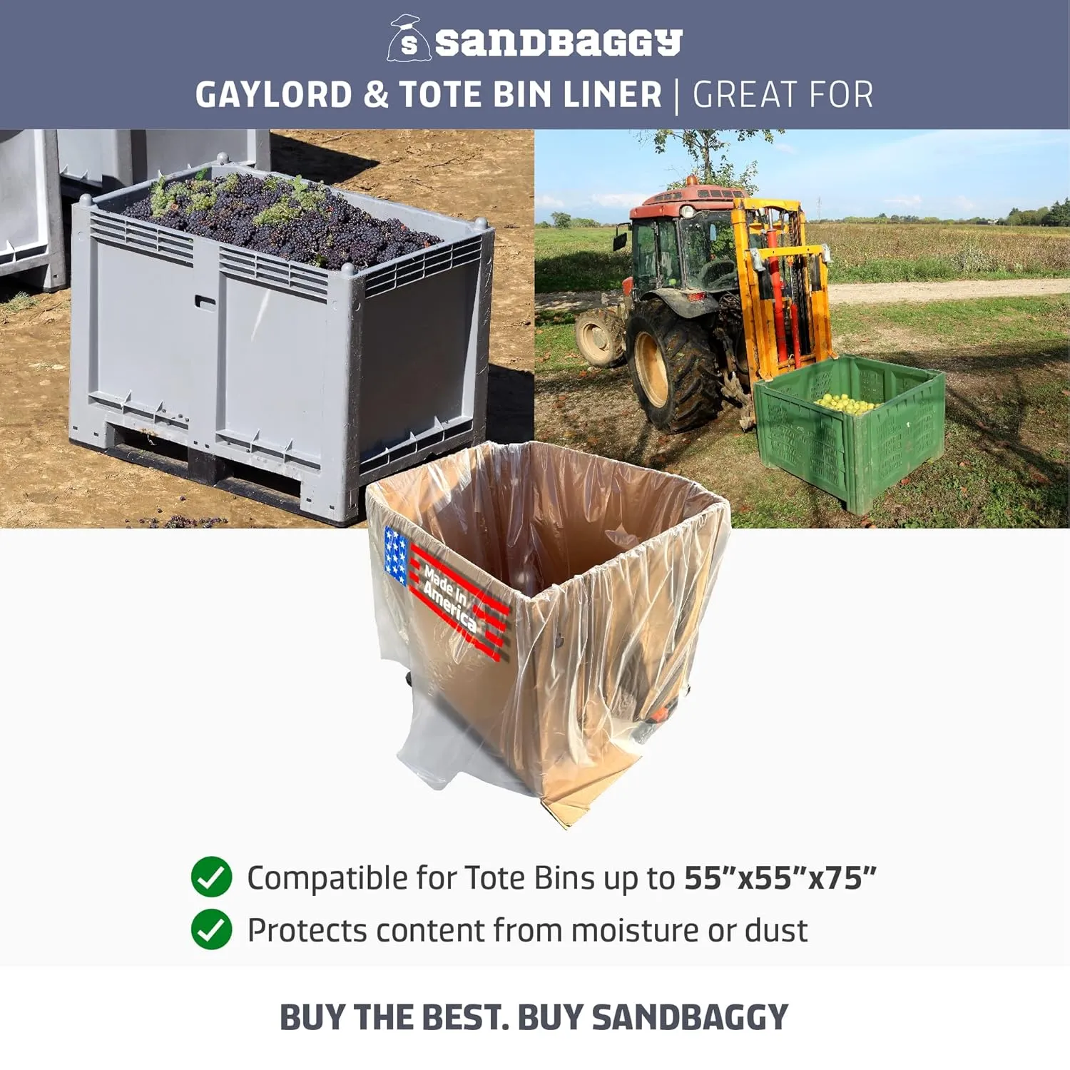 Sandbaggy Gaylord & Tote Bin Liners | Made in USA | Liners Fits Boxes Up to 55" x 55" x 75" | Built w/ 1 Month UV | Heavy Duty 1.5 Mil Thick (Pack of 250)