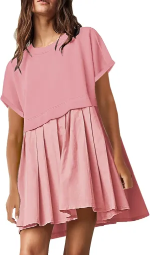 SAUKOLE Womens Summer Crew Neck Short Sleeve Dress Patchwork Pleated A Line Beach Boho Mini Dress