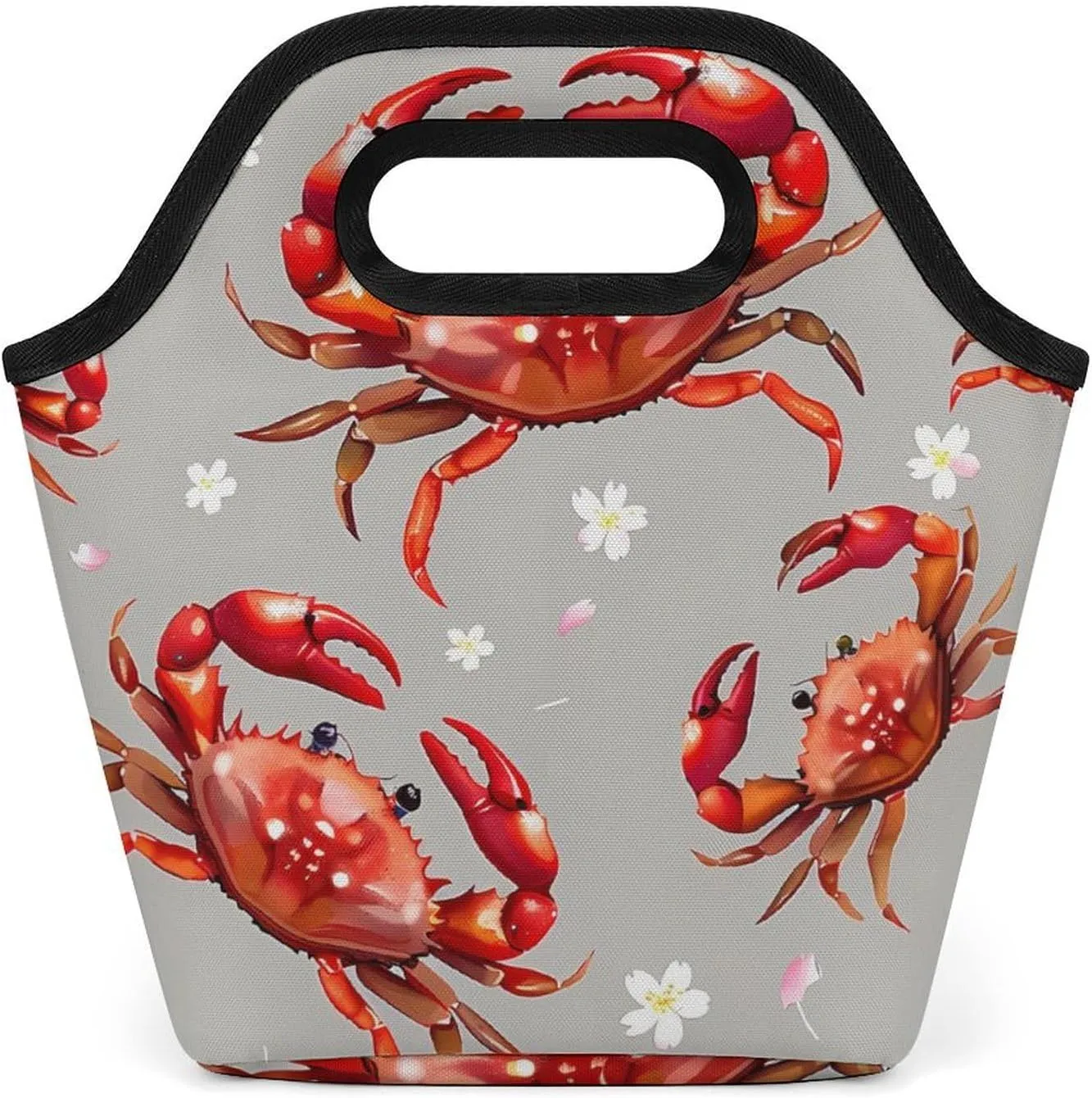Seafood Marine Crabs Cherry Flowers Reusable Grocery Bags Portable Lightweight Waterproof Shopping Tote Bag