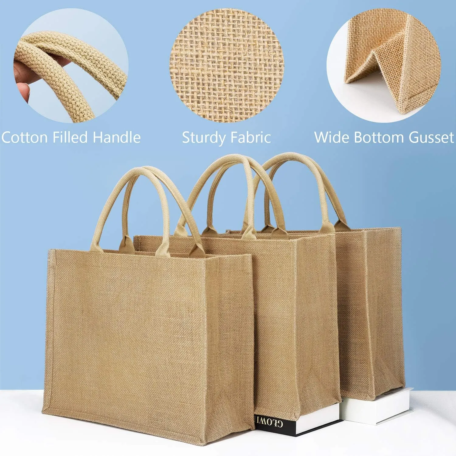 Segarty Tote Bags, 3 Pack Large Burlap Jute Reusable Canvas Gift Favors Bag with Handles Blank Tote Bulk for Bridesmaid Wedding, Women Market Grocery Shopping, Bachelorette Party, Beach Trip, DIY
