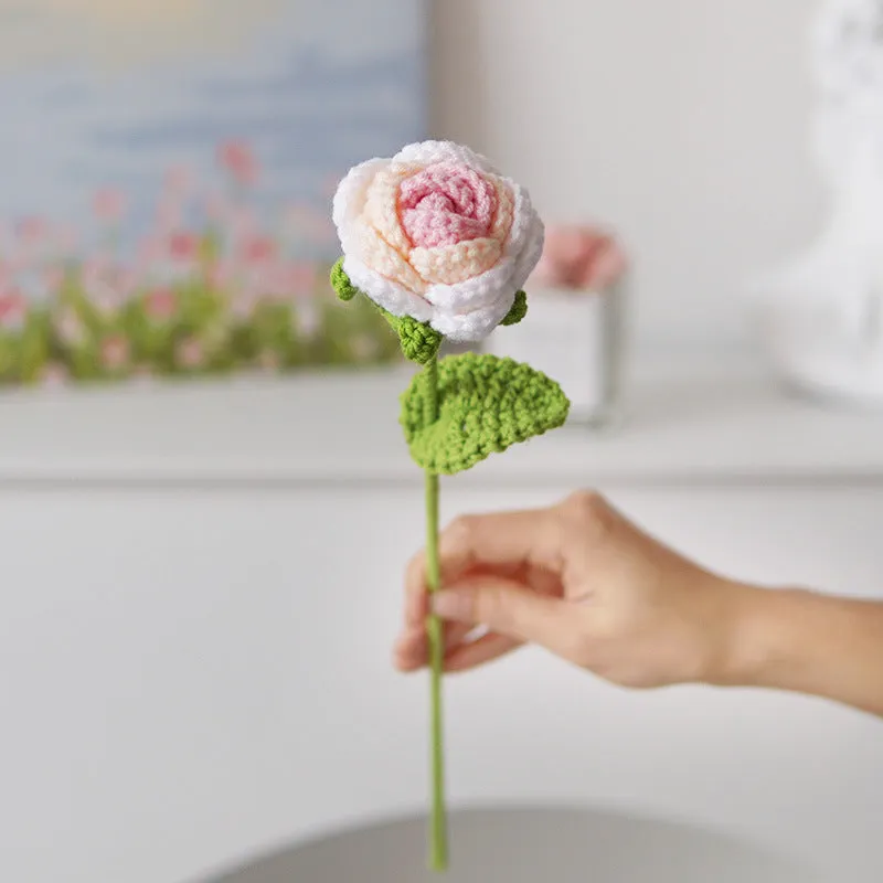 Set of 5pcs Finished Crocheted Gradient Rose Handmade Artificial Flower Branch