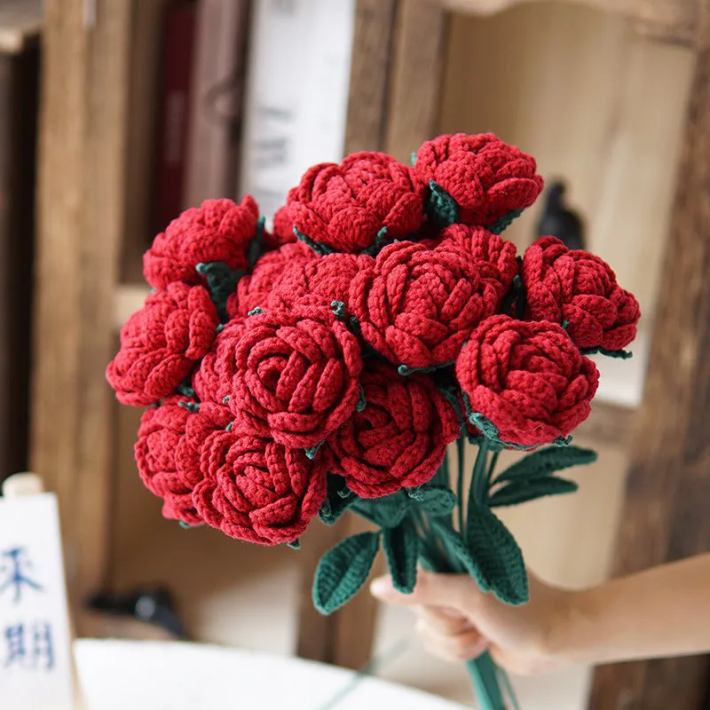 Set of 5pcs Finished Crocheted Gradient Rose Handmade Artificial Flower Branch