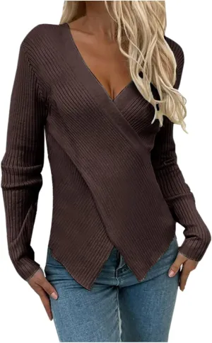 Sexy Cross v Neck Sweaters for Women Business Casual Long Sleeve Ribbed Knit Wrap Slim Fit Pullover Tops