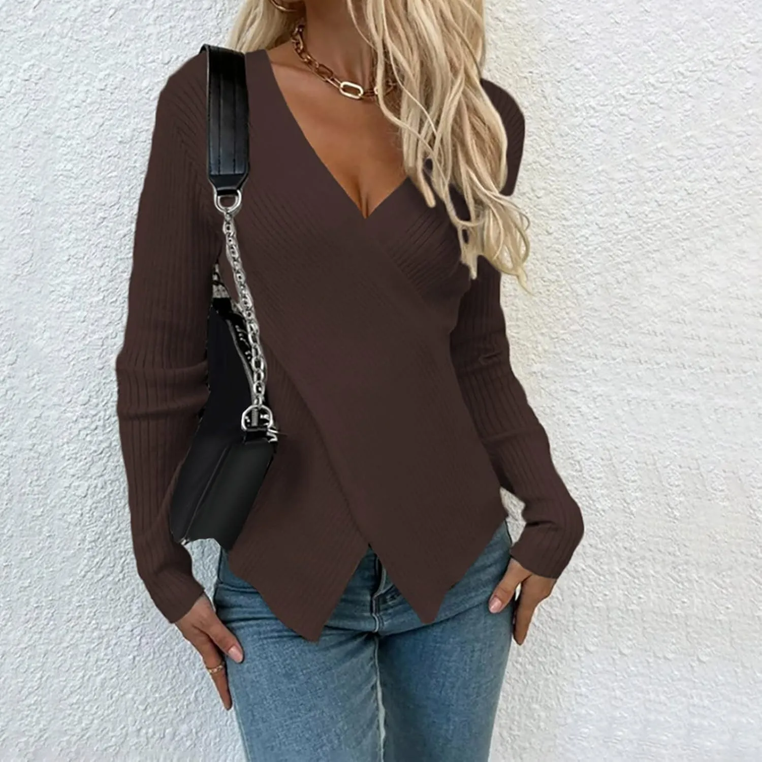 Sexy Cross v Neck Sweaters for Women Business Casual Long Sleeve Ribbed Knit Wrap Slim Fit Pullover Tops