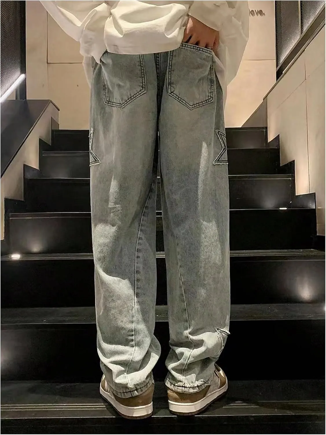 SHENHE Men's Graphic Baggy Jeans Star Patched Wide Leg Loose Y2k Denim Jeans Streetwear