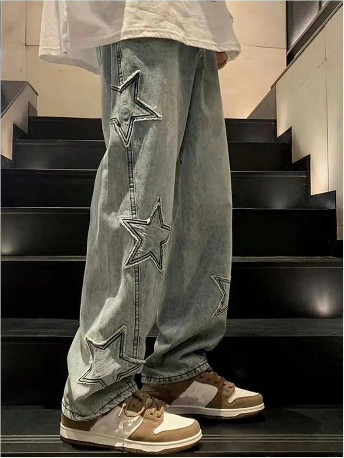 SHENHE Men's Graphic Baggy Jeans Star Patched Wide Leg Loose Y2k Denim Jeans Streetwear