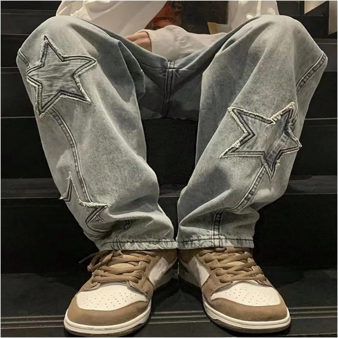 SHENHE Men's Graphic Baggy Jeans Star Patched Wide Leg Loose Y2k Denim Jeans Streetwear