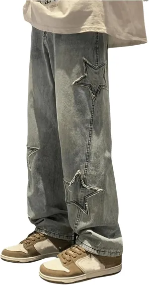 SHENHE Men's Graphic Baggy Jeans Star Patched Wide Leg Loose Y2k Denim Jeans Streetwear