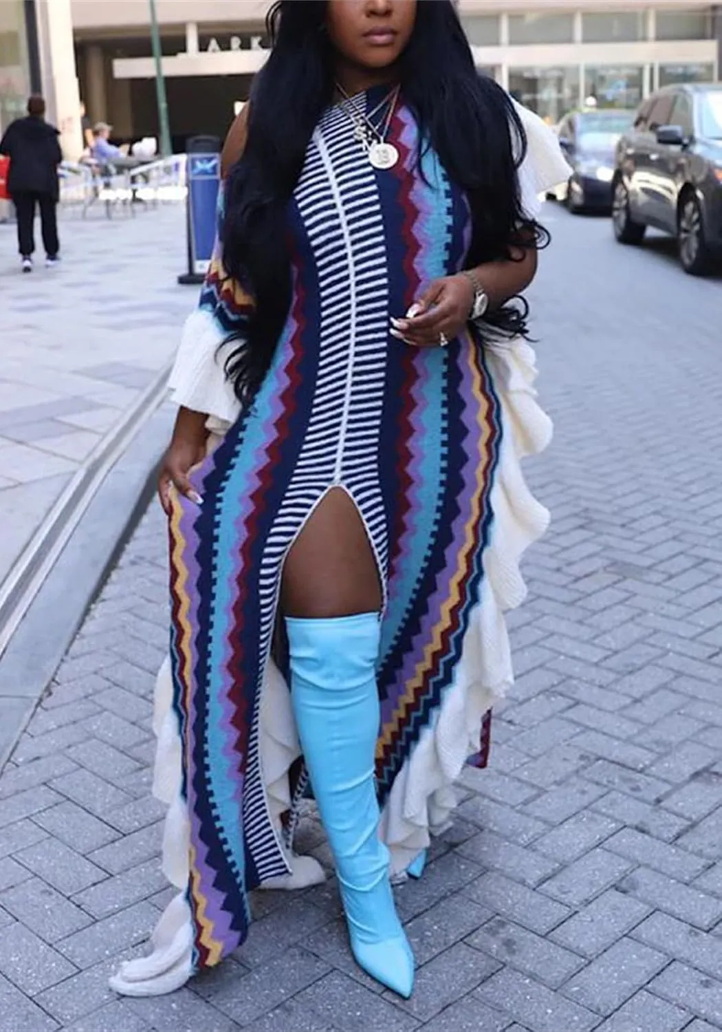 SHINFY Women Sweater Dress Fall Casual Loose Cable Knit Ruffle Striped Crochet Long Maxi Pullover Sweater Dresses with Slit