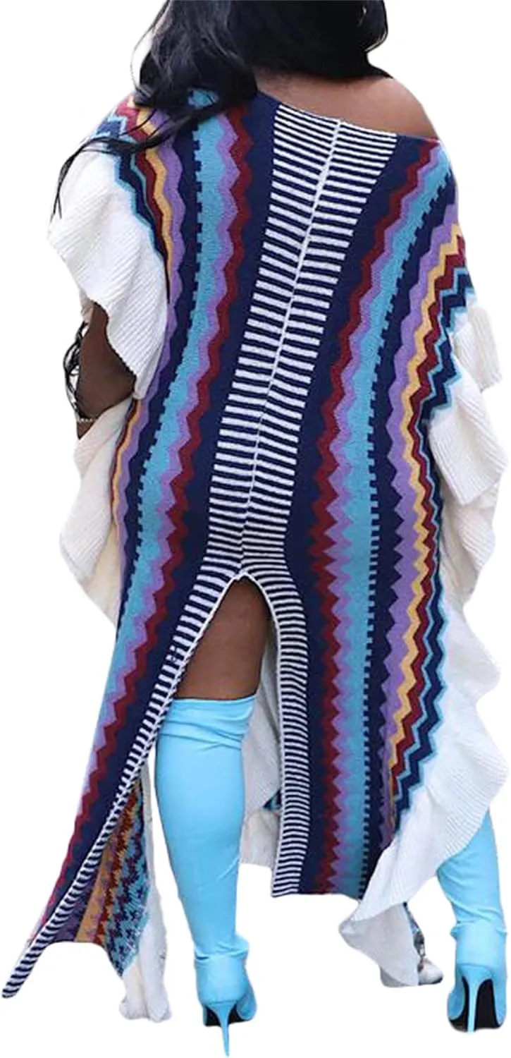 SHINFY Women Sweater Dress Fall Casual Loose Cable Knit Ruffle Striped Crochet Long Maxi Pullover Sweater Dresses with Slit