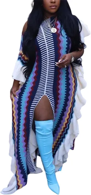SHINFY Women Sweater Dress Fall Casual Loose Cable Knit Ruffle Striped Crochet Long Maxi Pullover Sweater Dresses with Slit