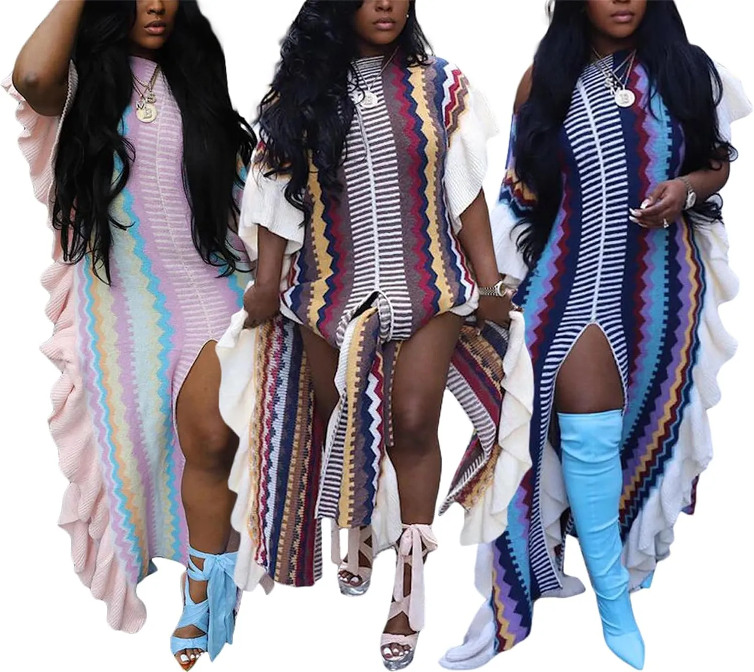 SHINFY Women Sweater Dress Fall Casual Loose Cable Knit Ruffle Striped Crochet Long Maxi Pullover Sweater Dresses with Slit