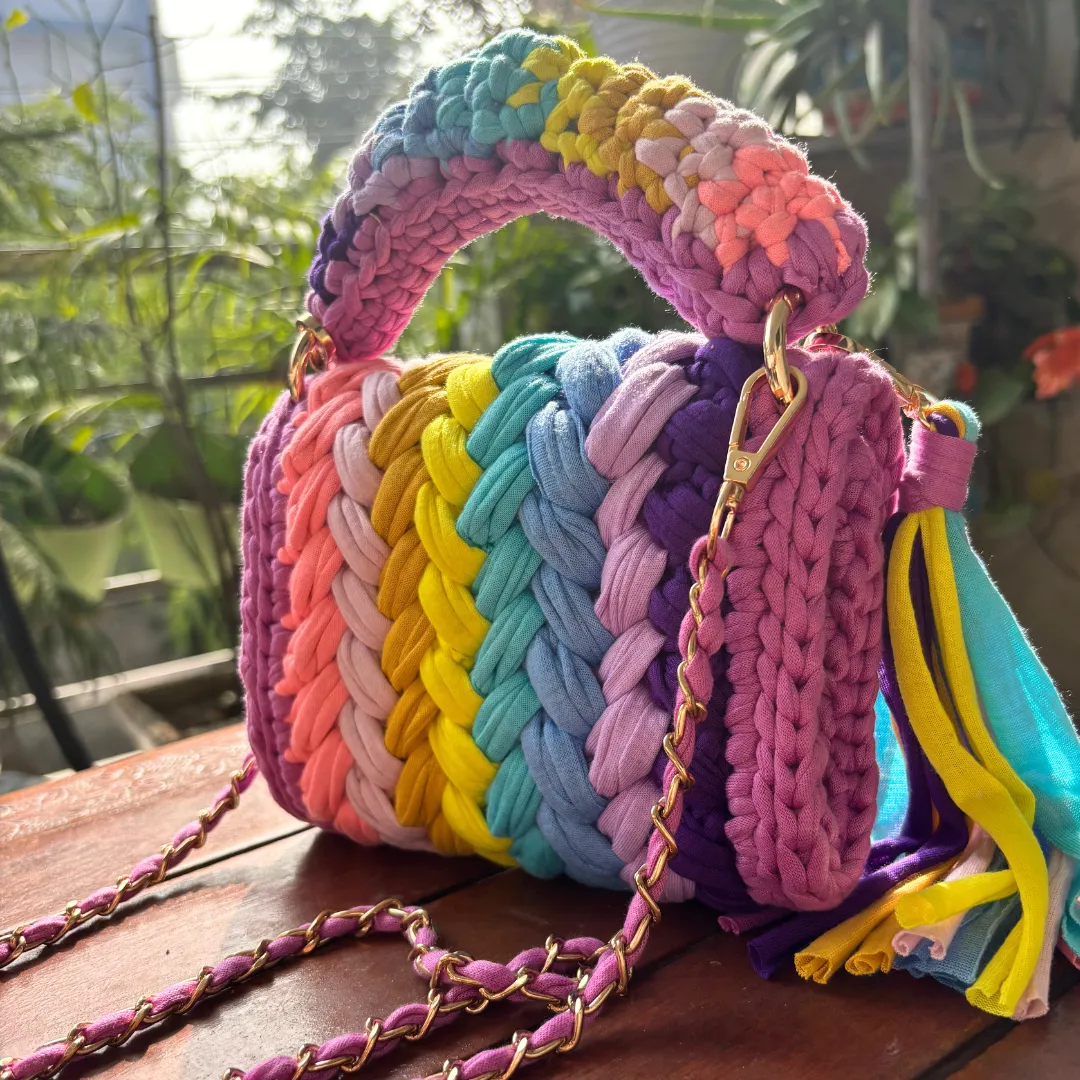 Shiroli Handmade Designer Festive Rainbow Bag With Heart Shaped Key Chain