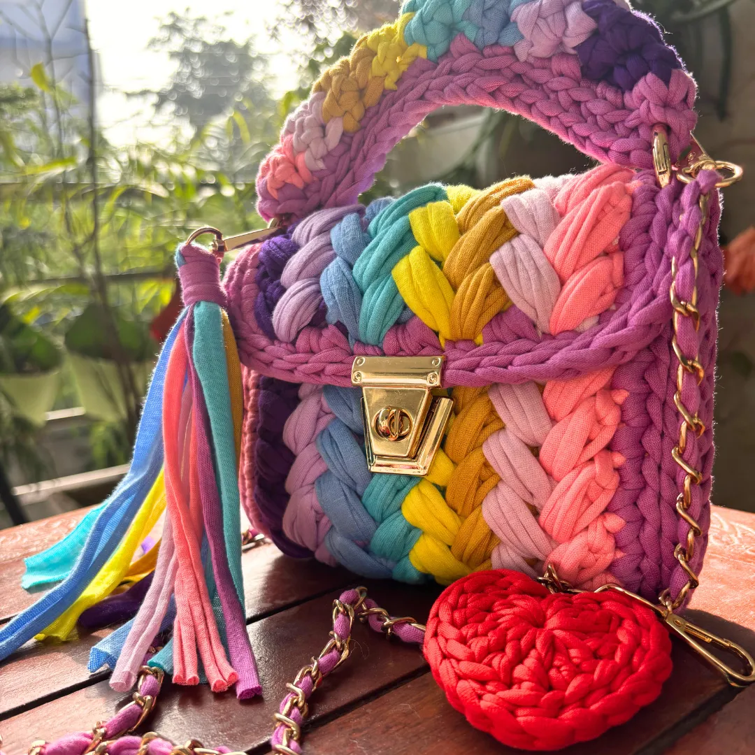 Shiroli Handmade Designer Festive Rainbow Bag With Heart Shaped Key Chain