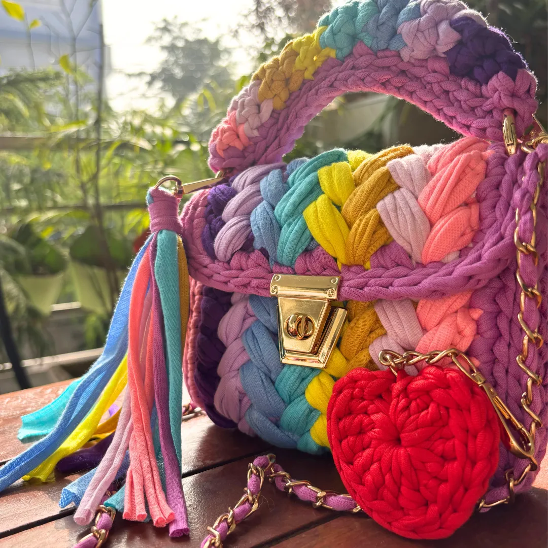 Shiroli Handmade Designer Festive Rainbow Bag With Heart Shaped Key Chain