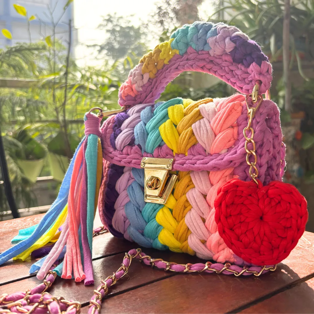 Shiroli Handmade Designer Festive Rainbow Bag With Heart Shaped Key Chain