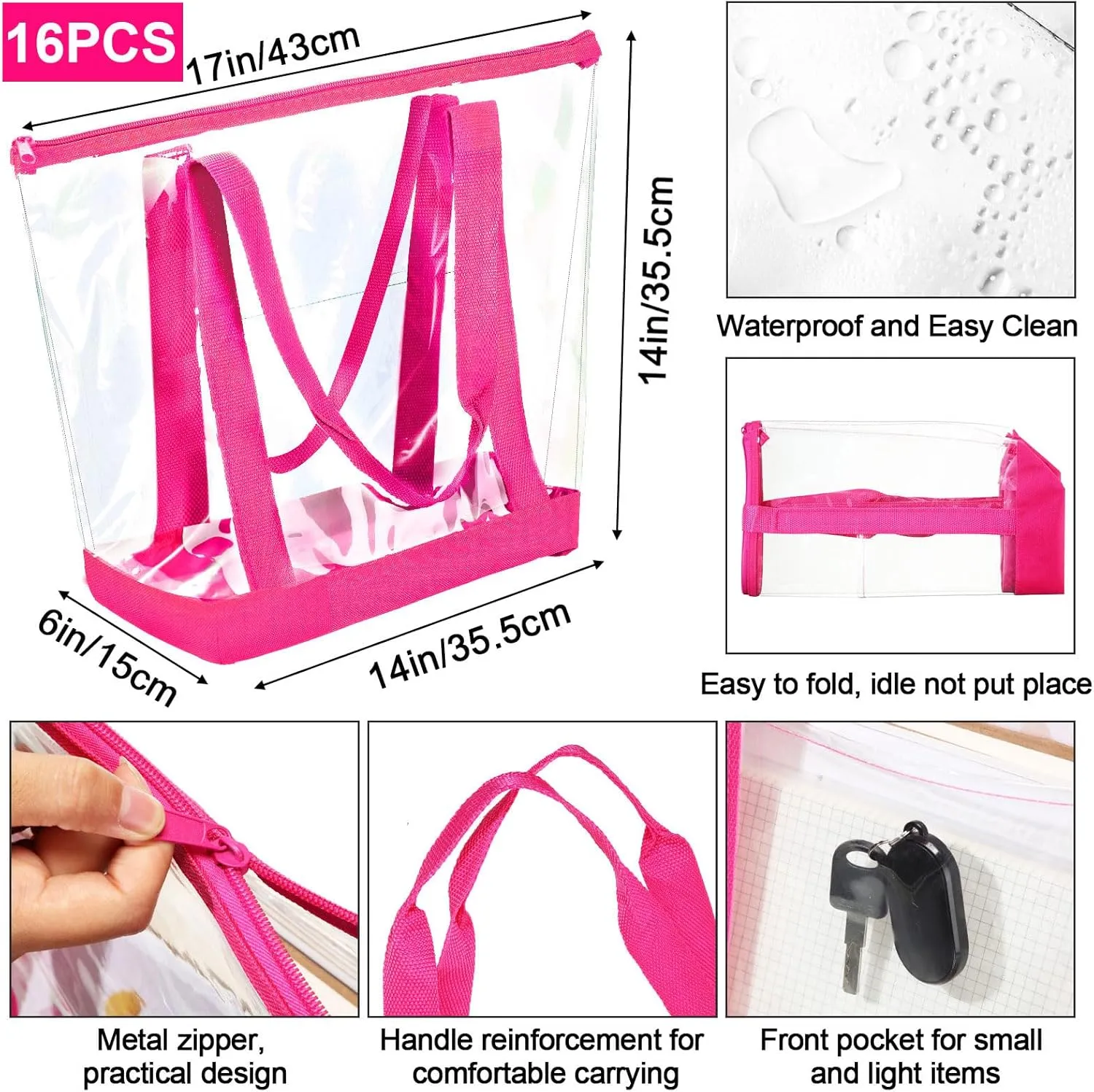 Silkfly 16 Pieces Clear Tote Bags Bulk, PVC Shoulder Handbag, Security Approved See Through Bag with Zipper Closure for Work