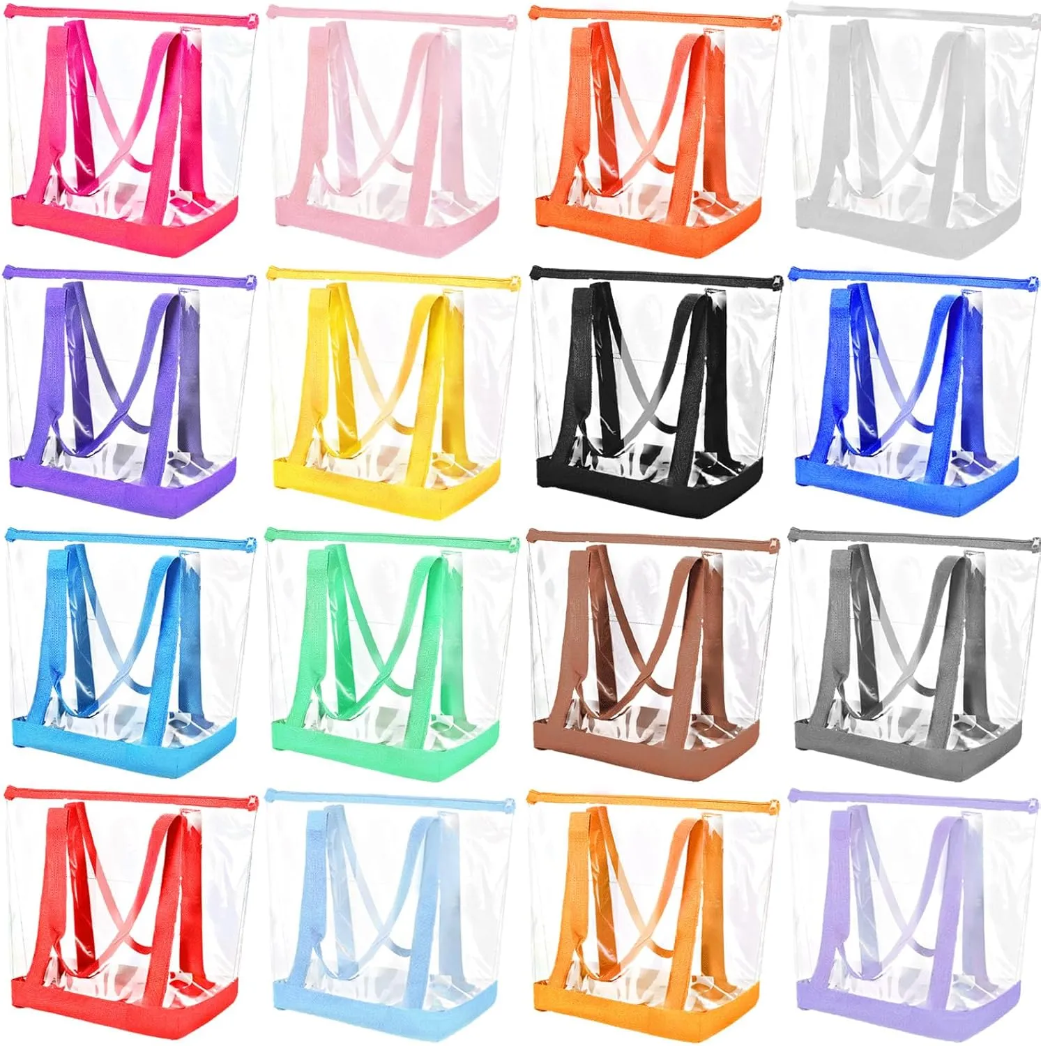 Silkfly 16 Pieces Clear Tote Bags Bulk, PVC Shoulder Handbag, Security Approved See Through Bag with Zipper Closure for Work